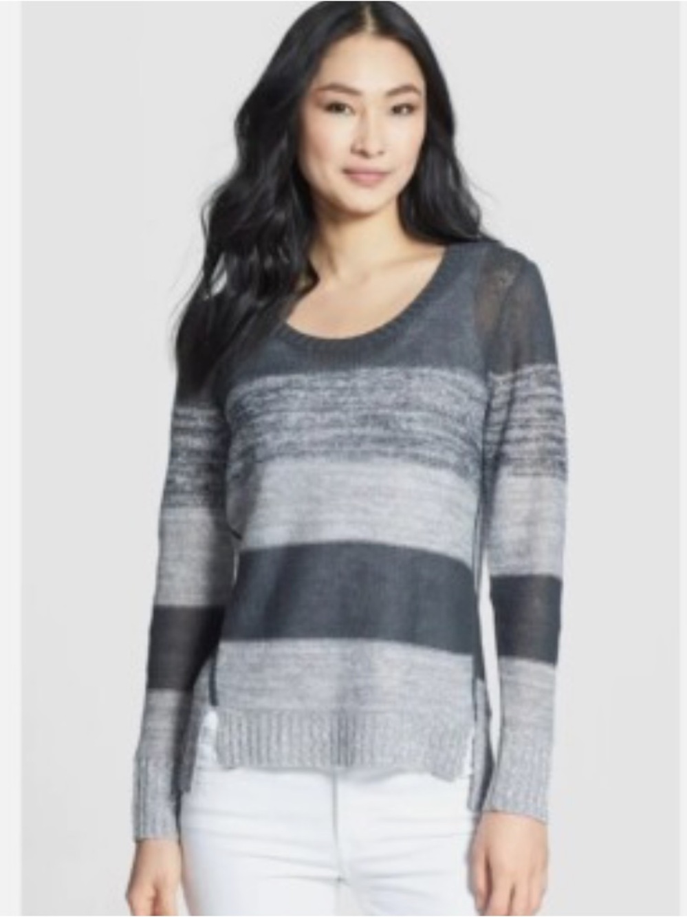 Eileen Fisher Black and Gray Striped Lightweight Scoop-Neck Sweater - Picture 1 of 6